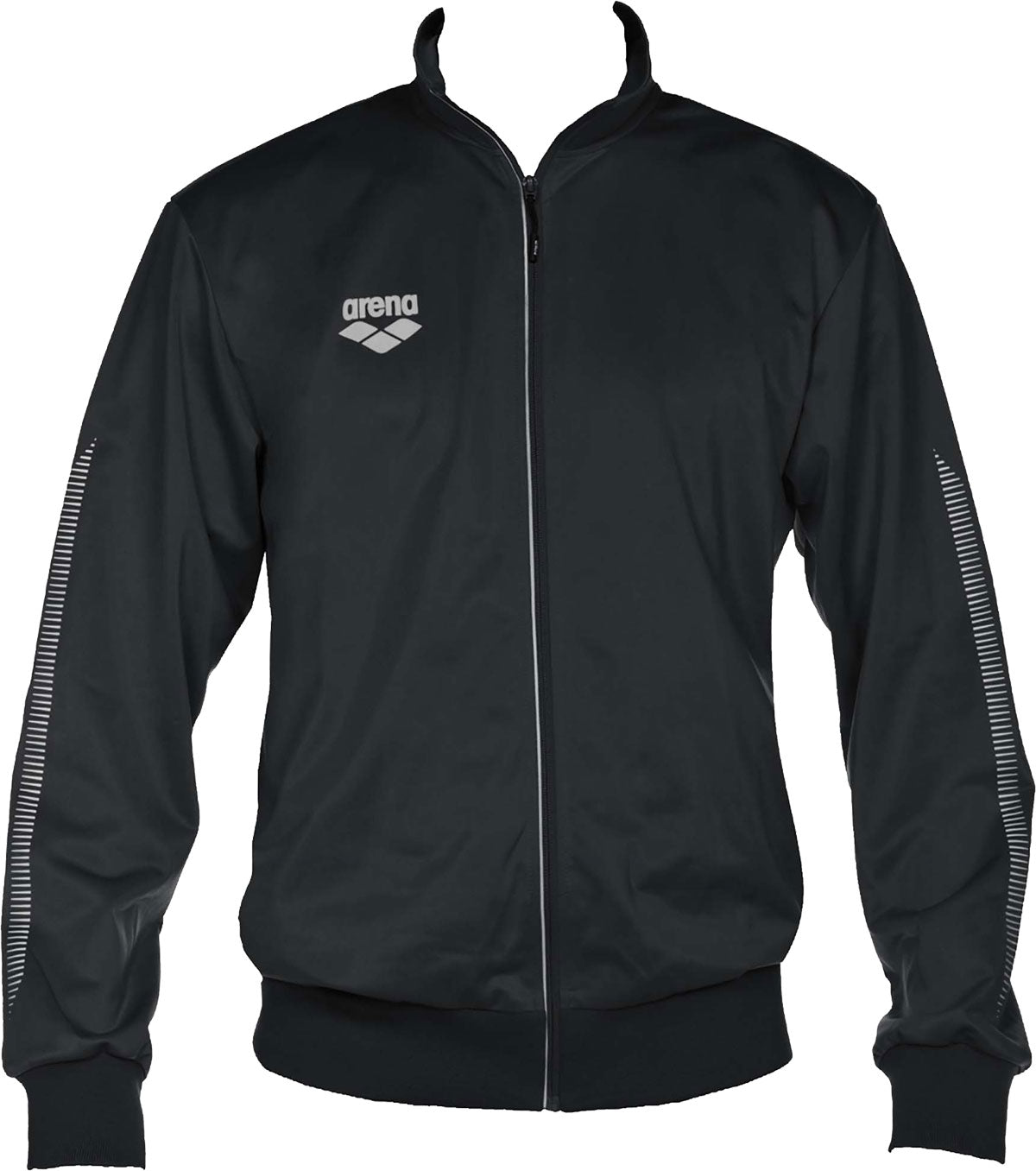 Arena Team Line Knitted Poly Warm-Up Jacket - A black jacket with a white logo on the left chest and a zipper down the front.