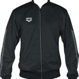 Arena Team Line Knitted Poly Warm-Up Jacket - A black jacket with a white logo on the left chest and a zipper down the front.