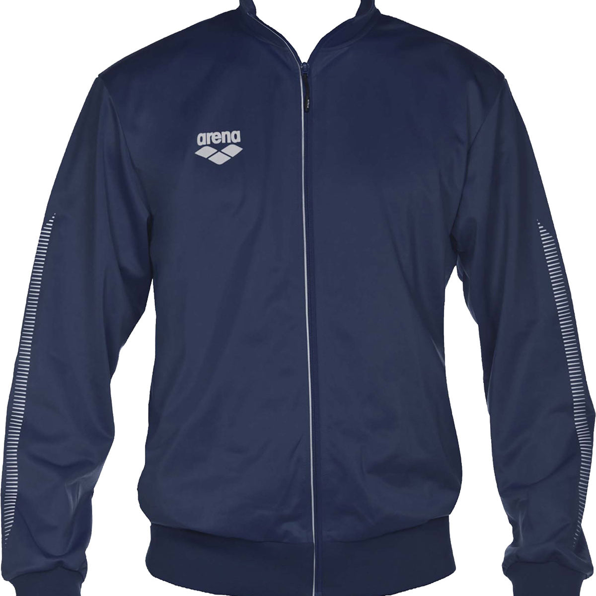 Arena Team Line Knitted Poly Warm-Up Jacket - A navy blue jacket with a white logo on the left chest and a zipper down the front.