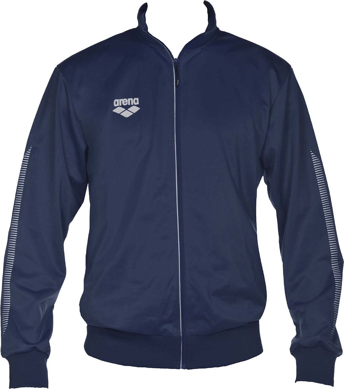 Arena Team Line Knitted Poly Warm-Up Jacket - A navy blue jacket with a white logo on the left chest and a zipper down the front.