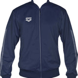 Arena Team Line Knitted Poly Warm-Up Jacket - A navy blue jacket with a white logo on the left chest and a zipper down the front.