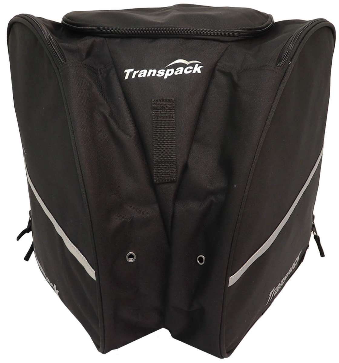 Transpack Edge 43L Boot Bag 2023-2024 - A black boot bag with a zippered top and two smaller pockets on either side, featuring a white logo that reads "Transpack" in the center.