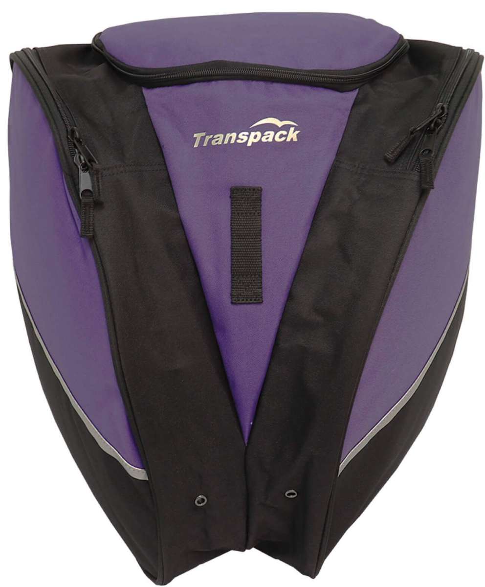 Transpack Edge 43L Boot Bag 2023-2024 - A purple boot bag with a black zipper and handle, featuring a distinctive white stripe on its side.