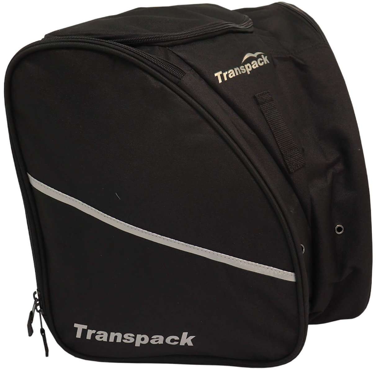 Transpack Edge 43L Boot Bag 2023-2024 - A black boot bag with a zippered top and two smaller pockets on the front, featuring a diagonal white stripe across its side.