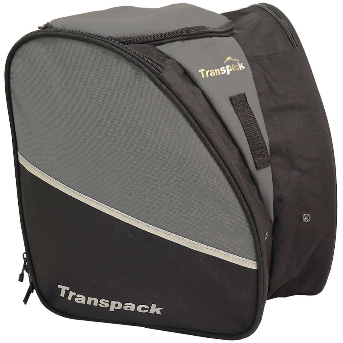 Transpack Edge 43L Boot Bag 2023-2024 - A gray boot bag with a zippered top and two side pockets, featuring a diagonal stripe pattern on its front.