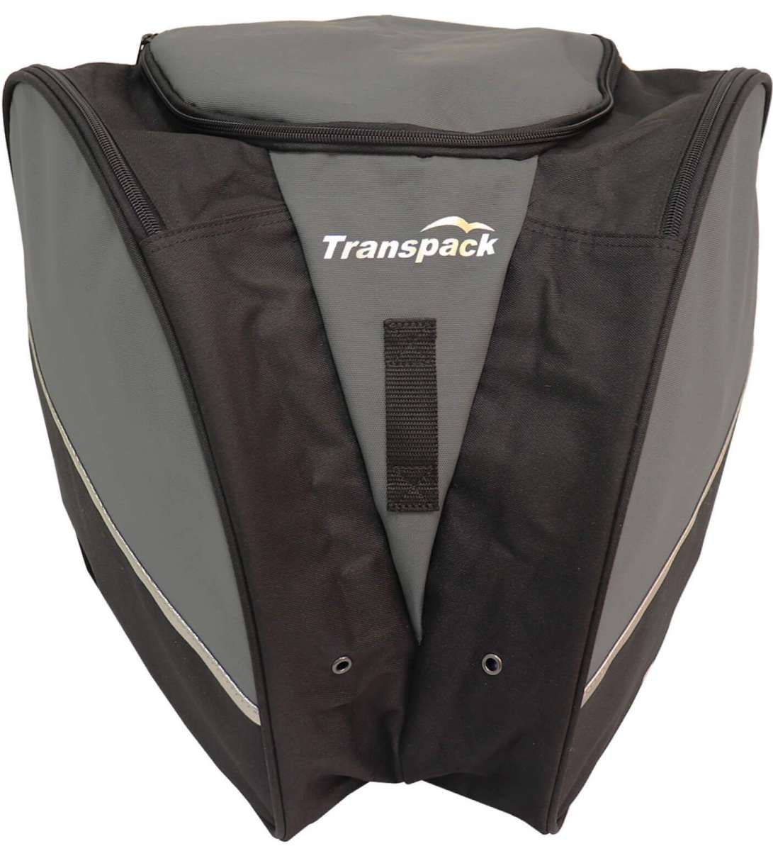 Transpack Edge 43L Boot Bag 2023-2024 - A black boot bag with a zippered top and two side pockets, featuring a white logo on the front.