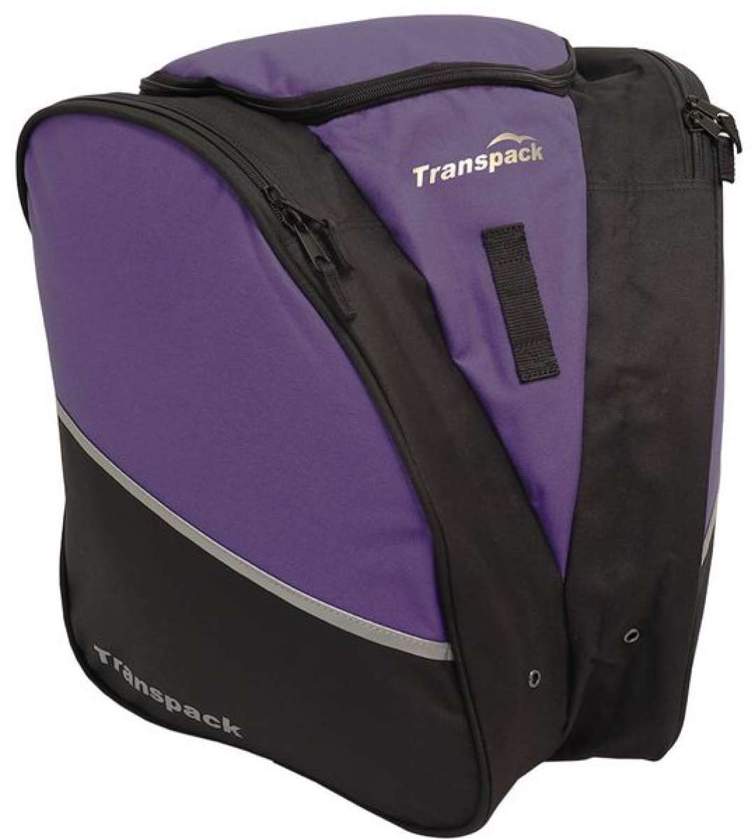 Transpack Edge 43L Boot Bag 2023-2024 - A purple and black boot bag with a zippered top and two side pockets, featuring a handle on top for easy carrying.