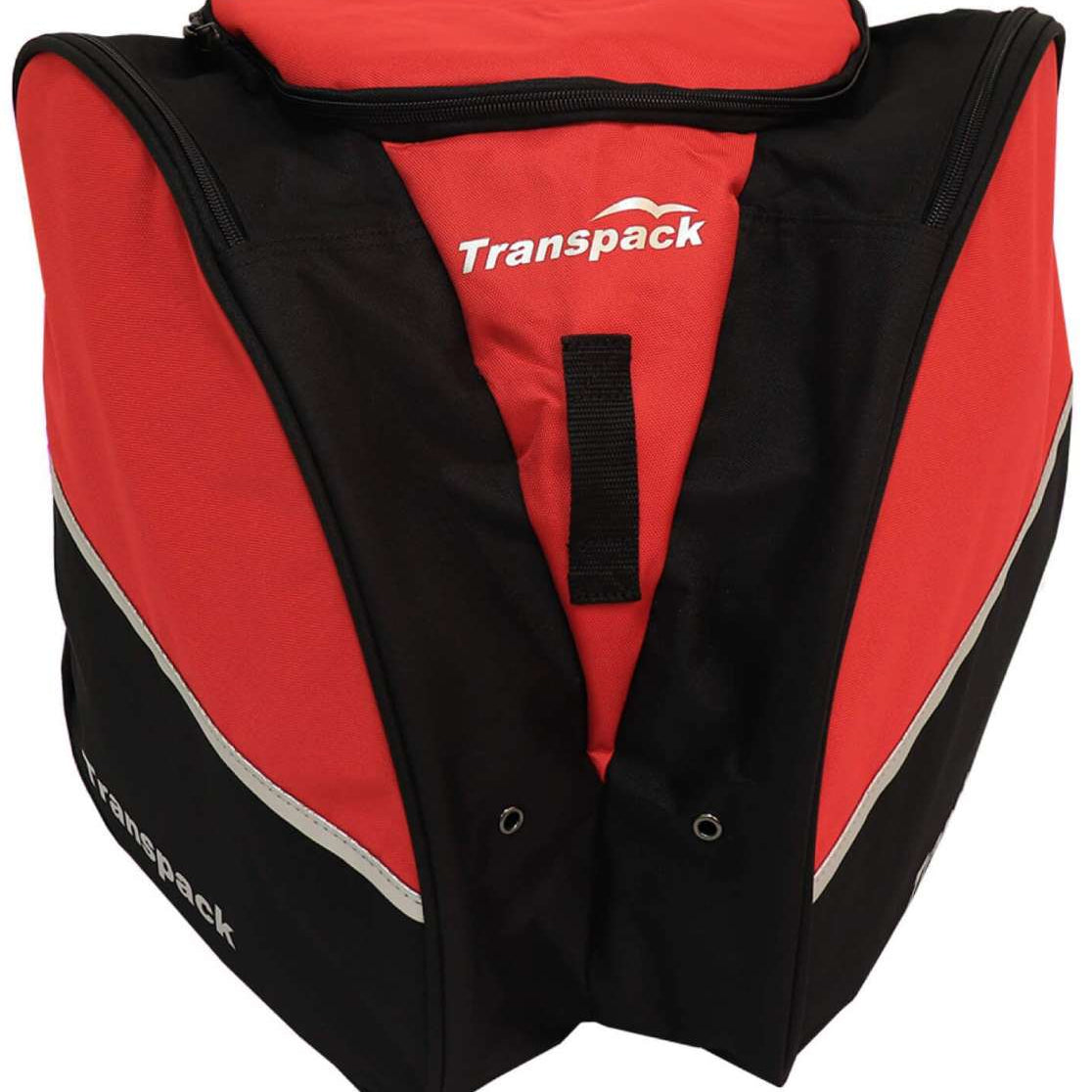 Transpack Edge 43L Boot Bag 2023-2024 - A red and black boot bag with a zippered top and two side pockets, featuring the brand's logo in white on the front.