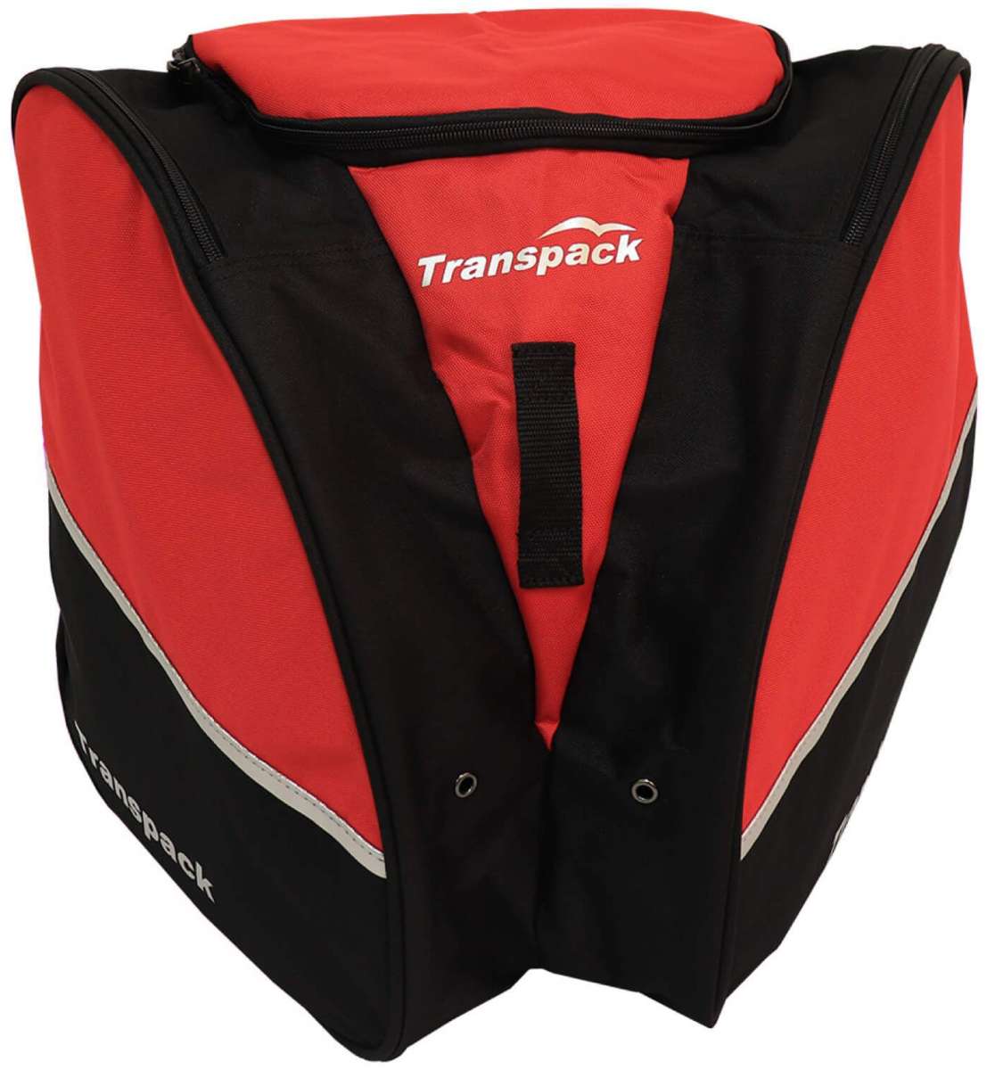 Transpack Edge 43L Boot Bag 2023-2024 - A red and black boot bag with a zippered top and two side pockets, featuring the brand's logo in white on the front.