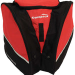 Transpack Edge 43L Boot Bag 2023-2024 - A red and black boot bag with a zippered top and two side pockets, featuring the brand's logo in white on the front.
