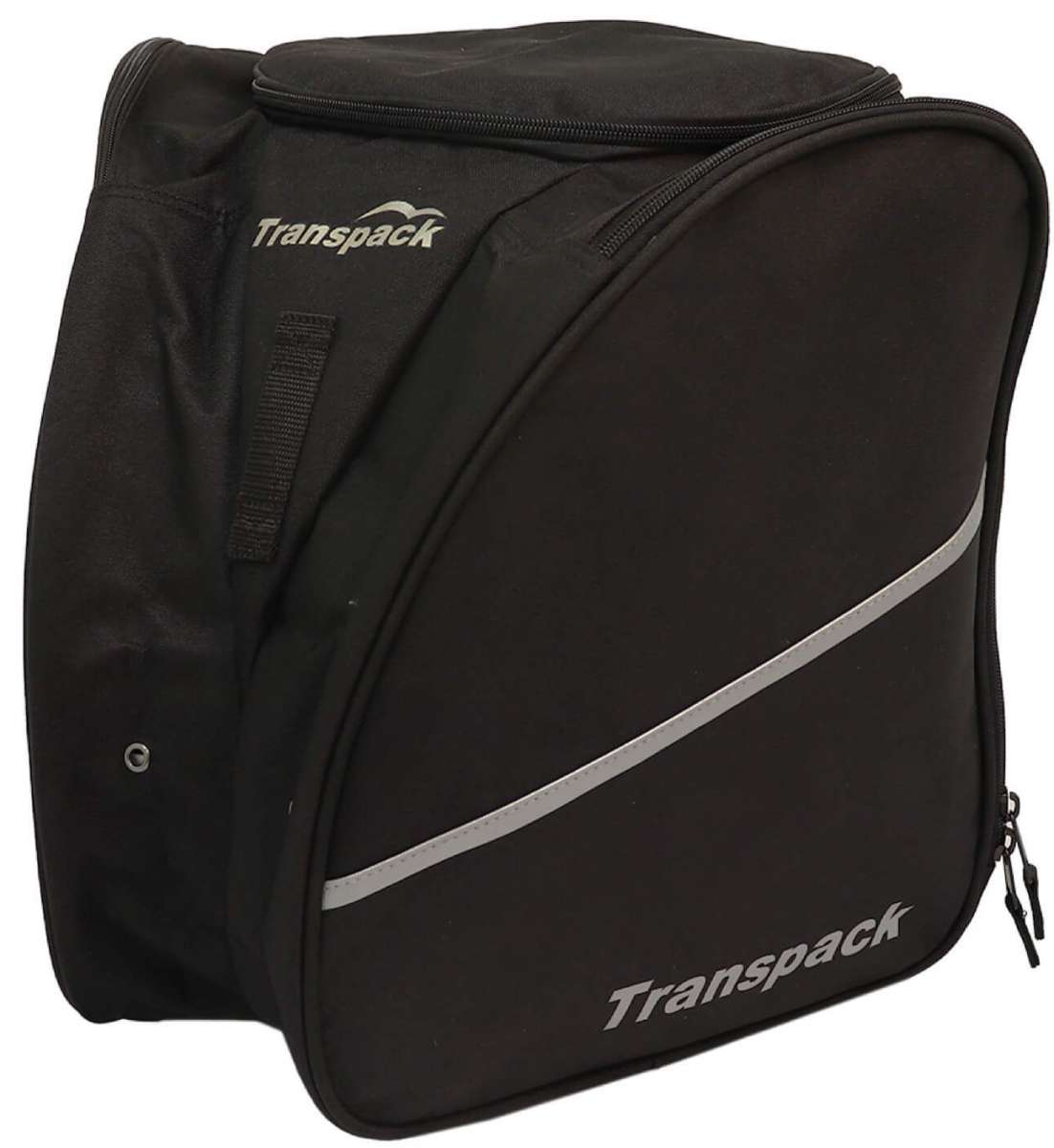 Transpack Edge 43L Boot Bag 2023-2024 - A black boot bag with a zippered top and two side pockets, featuring a diagonal white stripe on its front.
