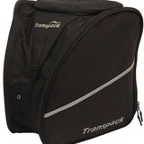 Transpack Edge 43L Boot Bag 2023-2024 - A black boot bag with a zippered top and two side pockets, featuring a diagonal white stripe on its front.