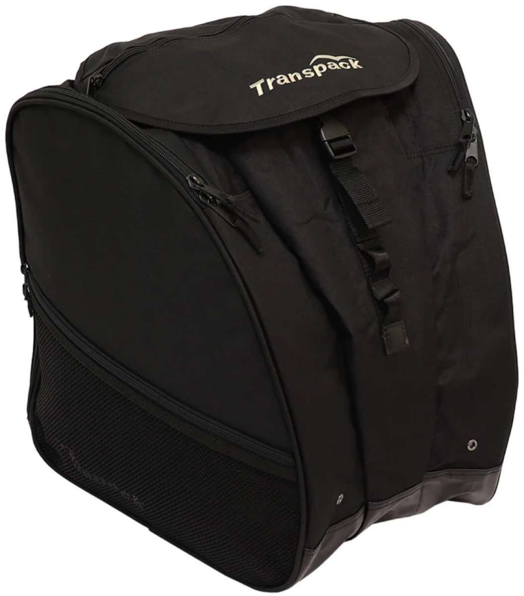 Transpack XTR Boot Bag 2024 - Black boot bag with zippered compartments and mesh pockets on front.