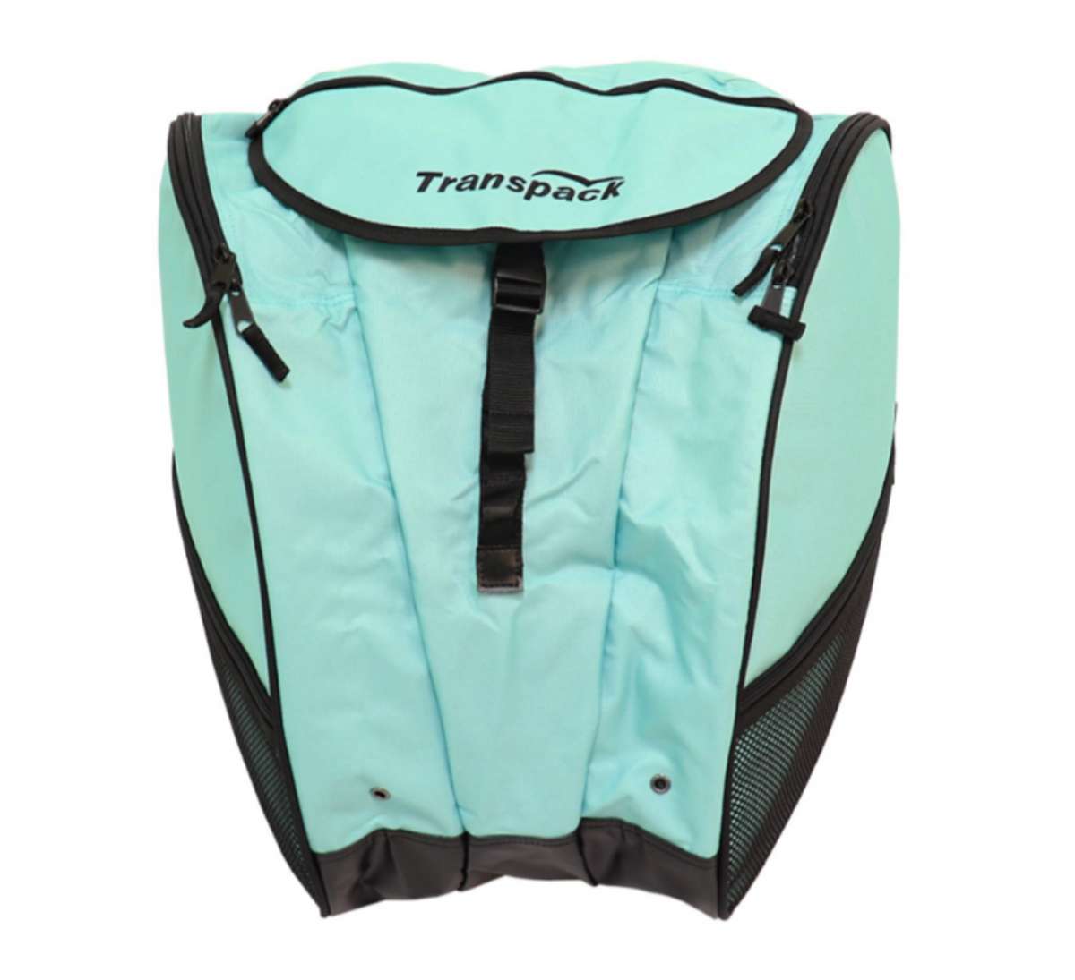 Transpack XTR Boot Bag 2024 - A light blue boot bag with black trim and zippers, featuring a mesh side pocket on one end.