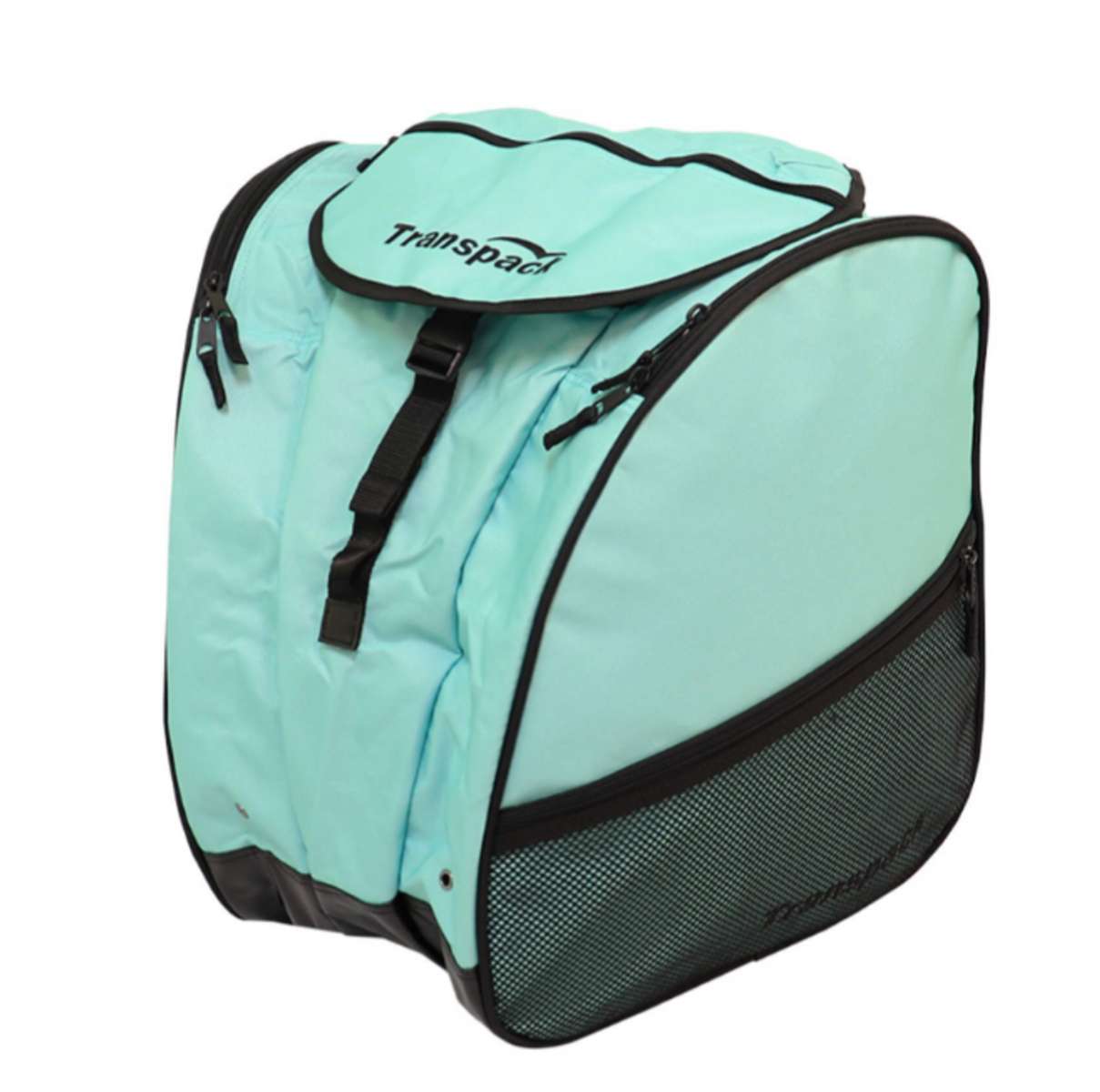 Transpack XTR Boot Bag 2024 - A light blue boot bag with a black zipper and handle, featuring a mesh pocket on the side.