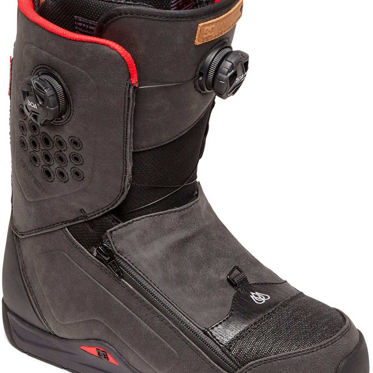 DC Men's Travis Rice Double Boa Snowboard Boot 2019-2020 - Black snowboard boots with red accents and a brown leather heel pull tab.