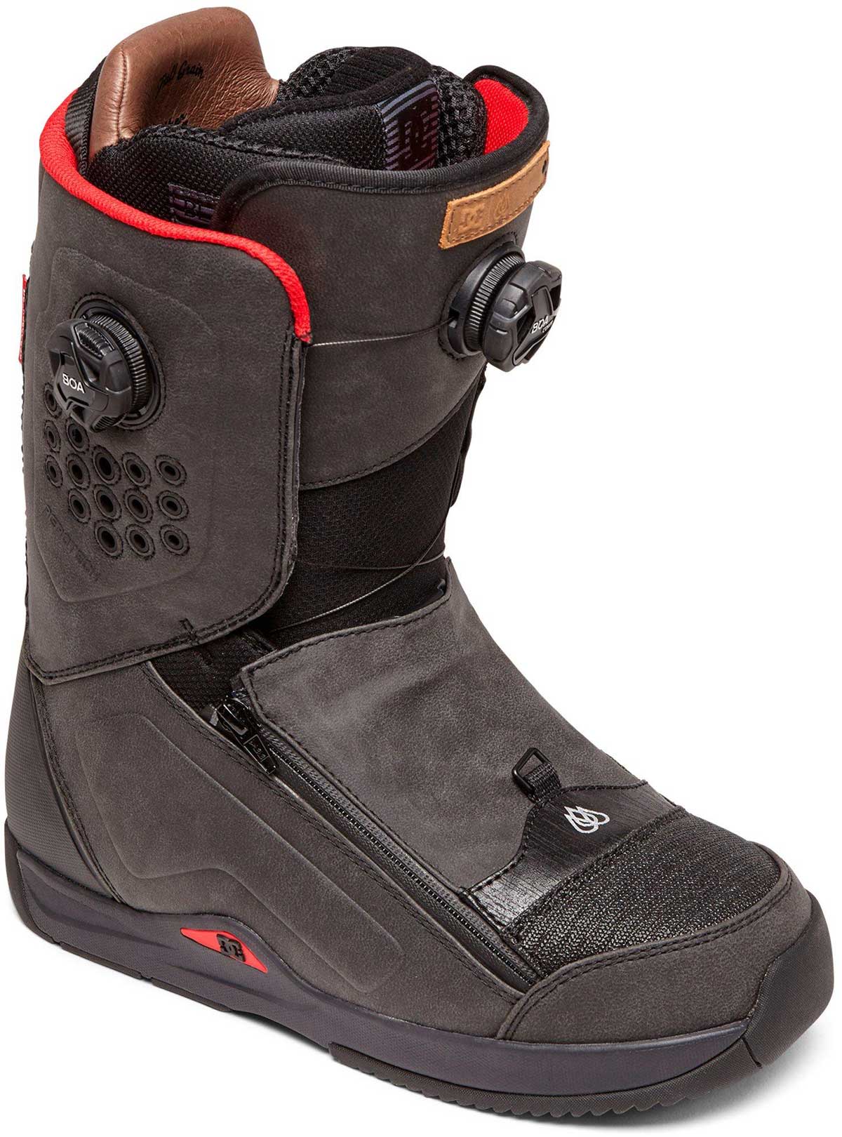 DC Men's Travis Rice Double Boa Snowboard Boot 2019-2020 - Black snowboard boots with red accents and a brown leather heel pull tab.