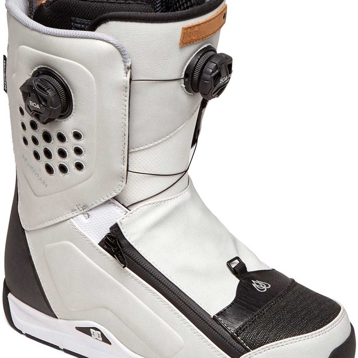 DC Men's Travis Rice Double Boa Snowboard Boot 2019-2020 - A white snowboard boot with black accents and a brown leather patch on the ankle strap.