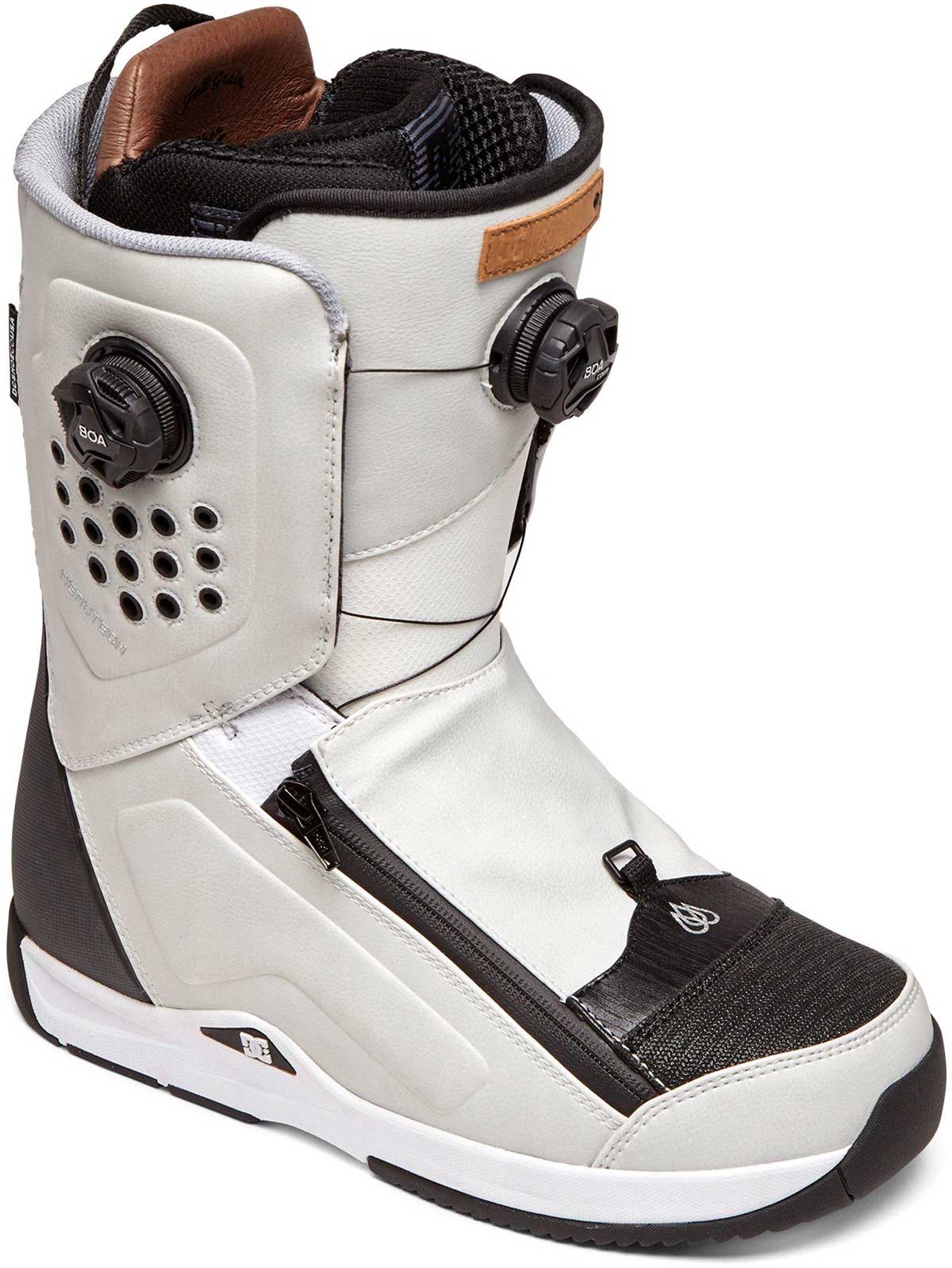 DC Men's Travis Rice Double Boa Snowboard Boot 2019-2020 - A white snowboard boot with black accents and a brown leather patch on the ankle strap.