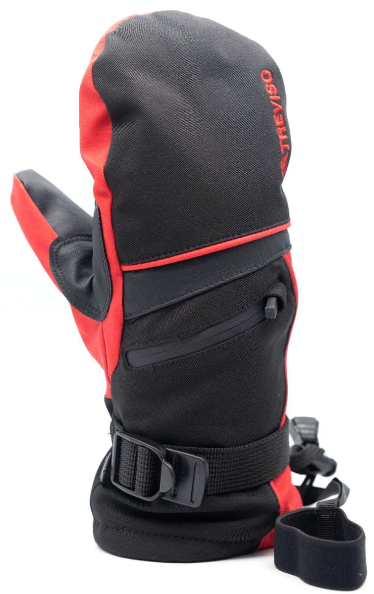 Treviso Junior Blaze Mitten 2023 - Mittens are black with red accents and a small zippered pocket on the back of one mitten.