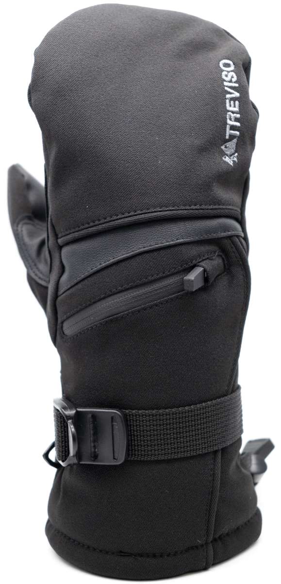 Treviso Junior Blaze Mitten 2023 - A pair of black mittens with a white logo on the back of one mitten that says "TREVISo".