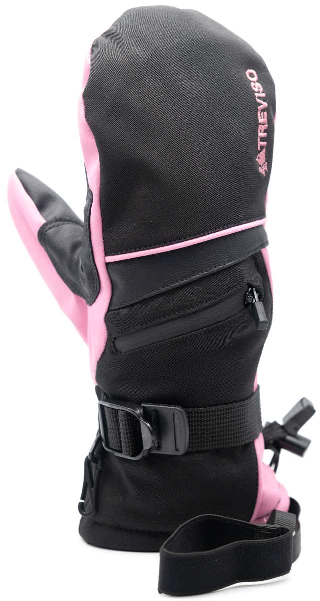 Treviso Junior Blaze Mitten 2023 - Mittens are black with pink accents and a pink logo on the back of one mitten.