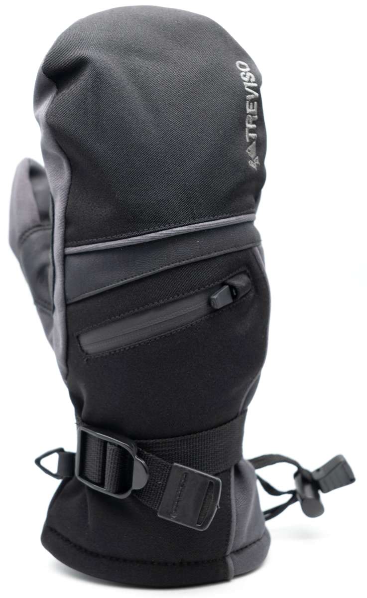 Treviso Junior Blaze Mitten 2023 - A black mitten with a gray stripe on the wrist strap and a small logo near the cuff.