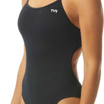 TYR Women's Solid Trinityfit One Piece Swimsuit - A black one-piece swimsuit with a white logo on the upper left side.