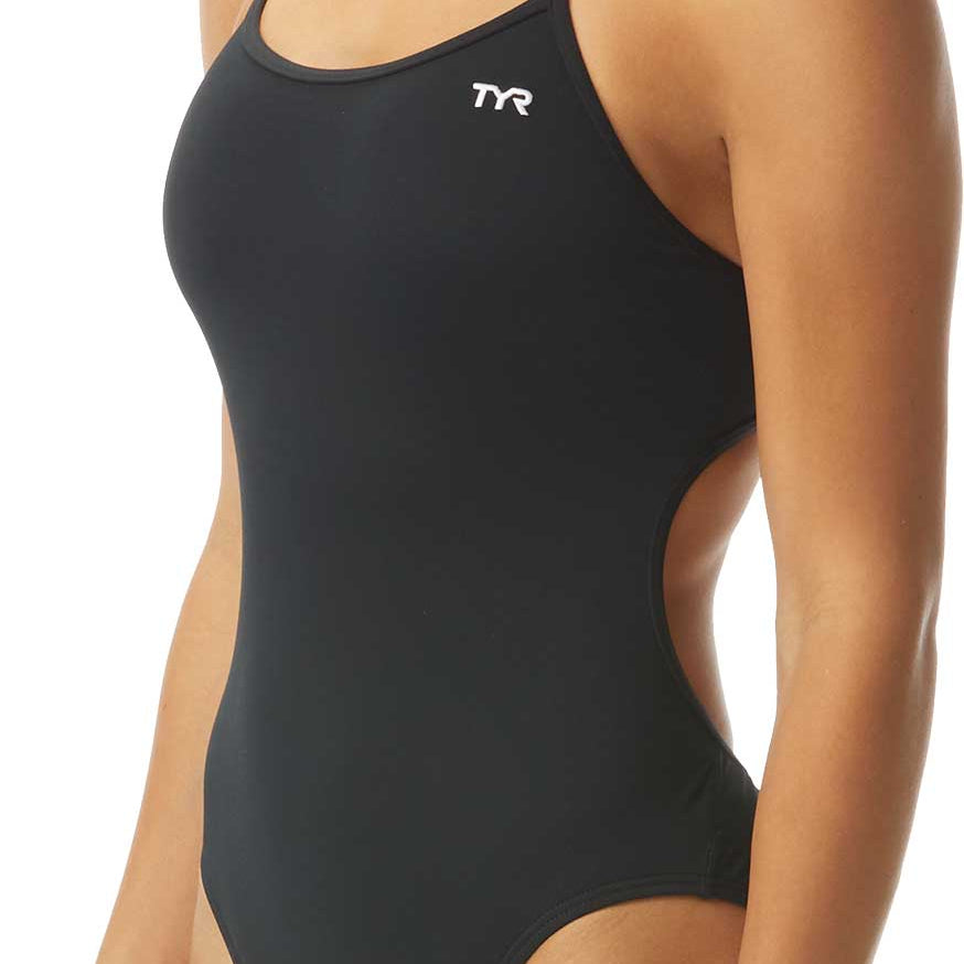 TYR Women's Solid Trinityfit One Piece Swimsuit - A black one-piece swimsuit with a white logo on the upper left side.