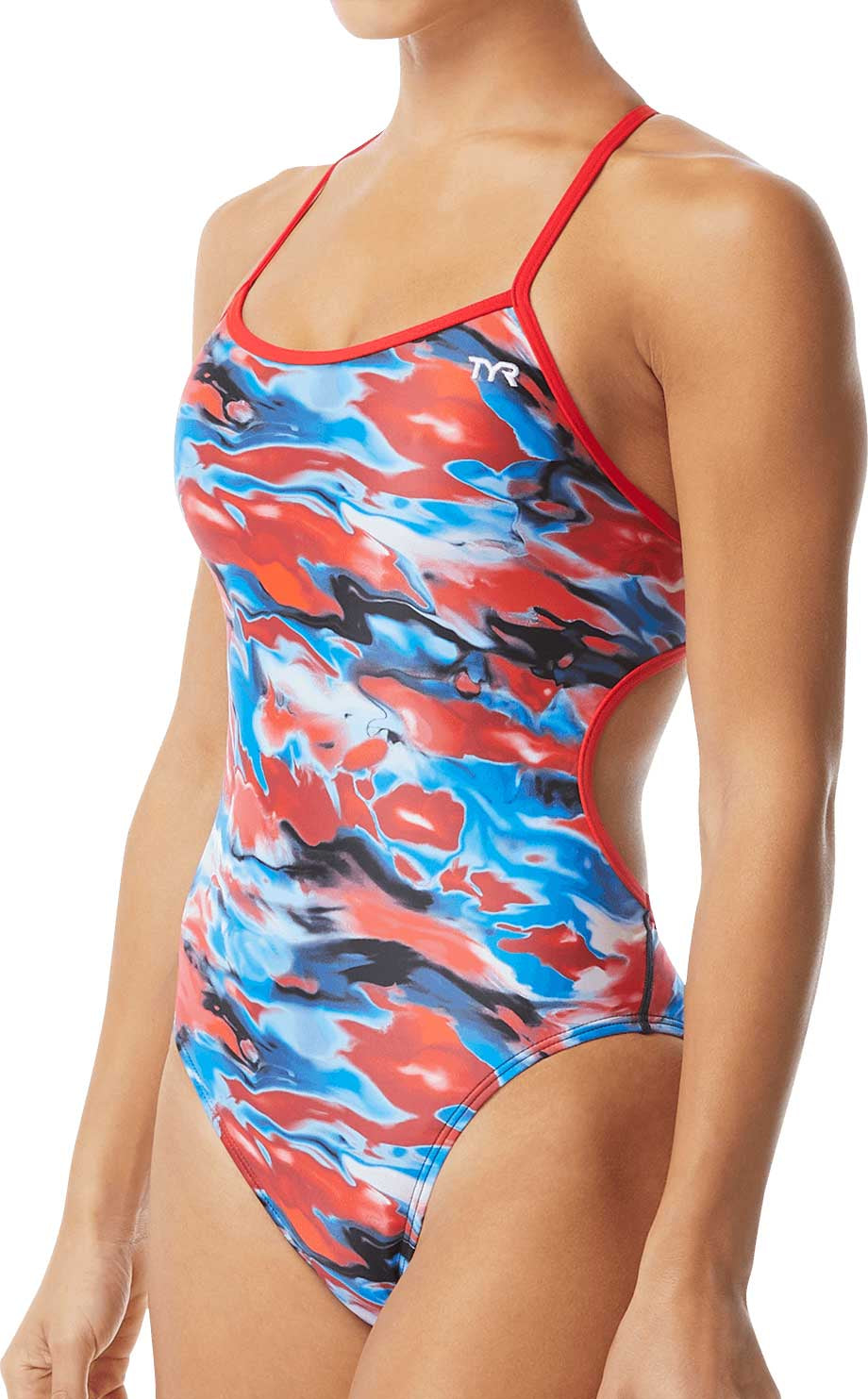 TYR Ladies' Synthesis Trinityfit Swimsuit - A red, blue, and white swimsuit with a marbled pattern.