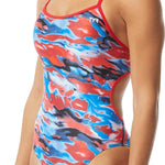 TYR Ladies' Synthesis Trinityfit Swimsuit - A red, blue, and white swimsuit with a marbled pattern.