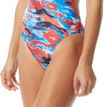 TYR Ladies' Synthesis Trinityfit Swimsuit - A red, blue, and white swimsuit with a camouflage pattern.