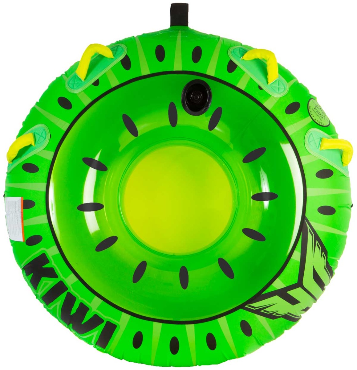 HO Sports Kiwi Inflatable Tube - Lime green tube with black watermelon seeds and a yellow handle on each side.