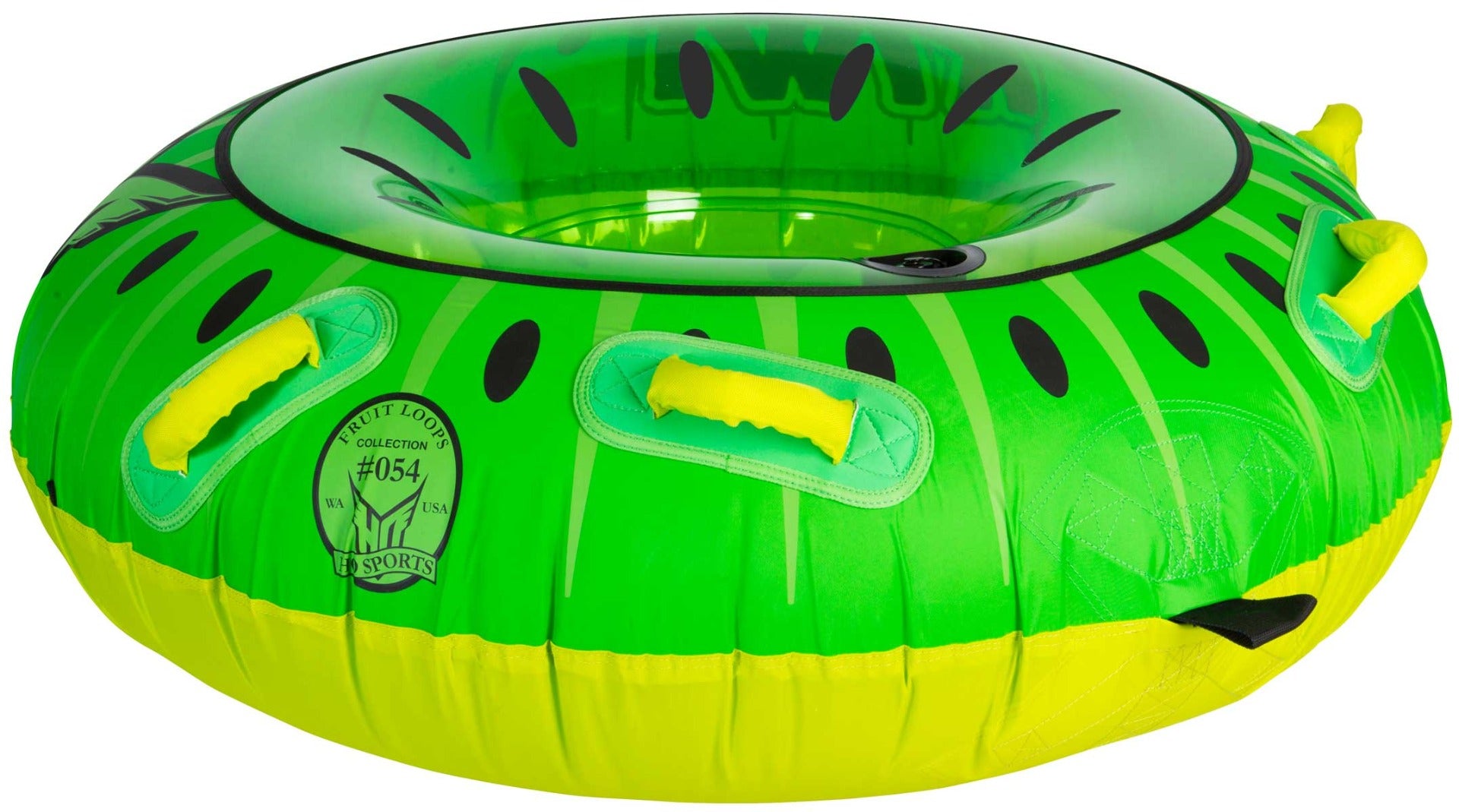 HO Sports Kiwi Inflatable Tube - This green tube has a kiwi pattern and black handles on both sides.