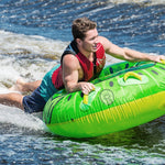 HO Sports Kiwi Inflatable Tube 2020 - Lime green inflatable tube with black and white stripes, featuring a smiling cartoon kiwi bird on its side.