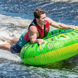 HO Sports Kiwi Inflatable Tube 2020 - Lime green inflatable tube with black and white stripes, featuring a smiling cartoon kiwi bird on its side.