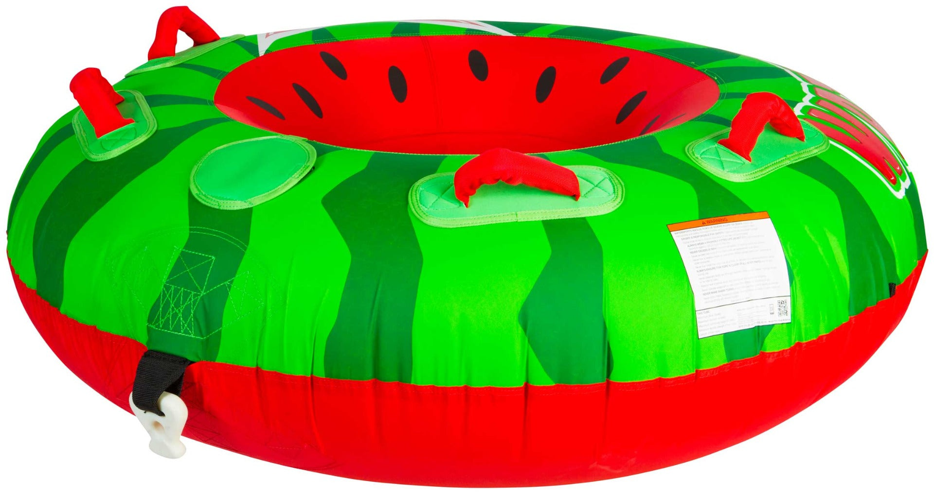 HO Sports Watermelon Inflatable Tube - Green watermelon with red rind and black seeds.