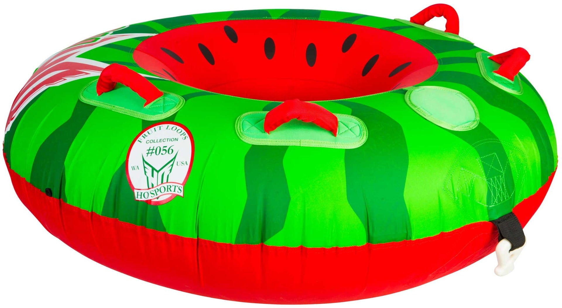 HO Sports Watermelon Inflatable Tube - Green watermelon with red rind and black seeds.