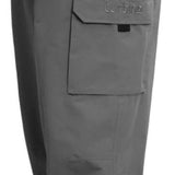 Turbine FDGB Shell Pant 2023 - A pair of gray snow pants with a zippered pocket on the thigh and a red logo above it.