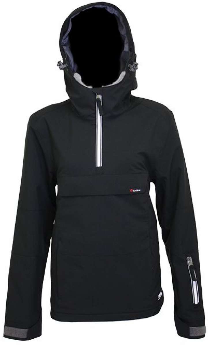 Turbine Baker Insulated Anorak Jacket 2024 - A black jacket with a white zipper and two zippered pockets on the front, featuring a hood and adjustable cuffs.