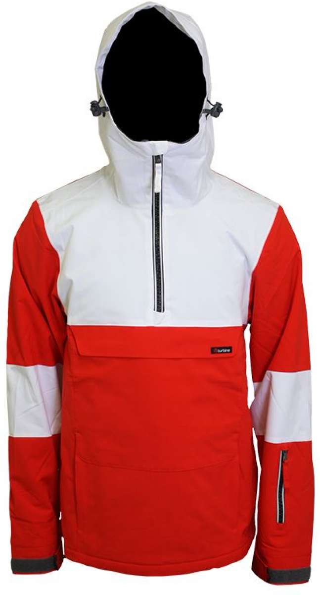Turbine Baker Insulated Anorak Jacket 2024 - A red and white jacket with a hood, featuring a zipper down the front.