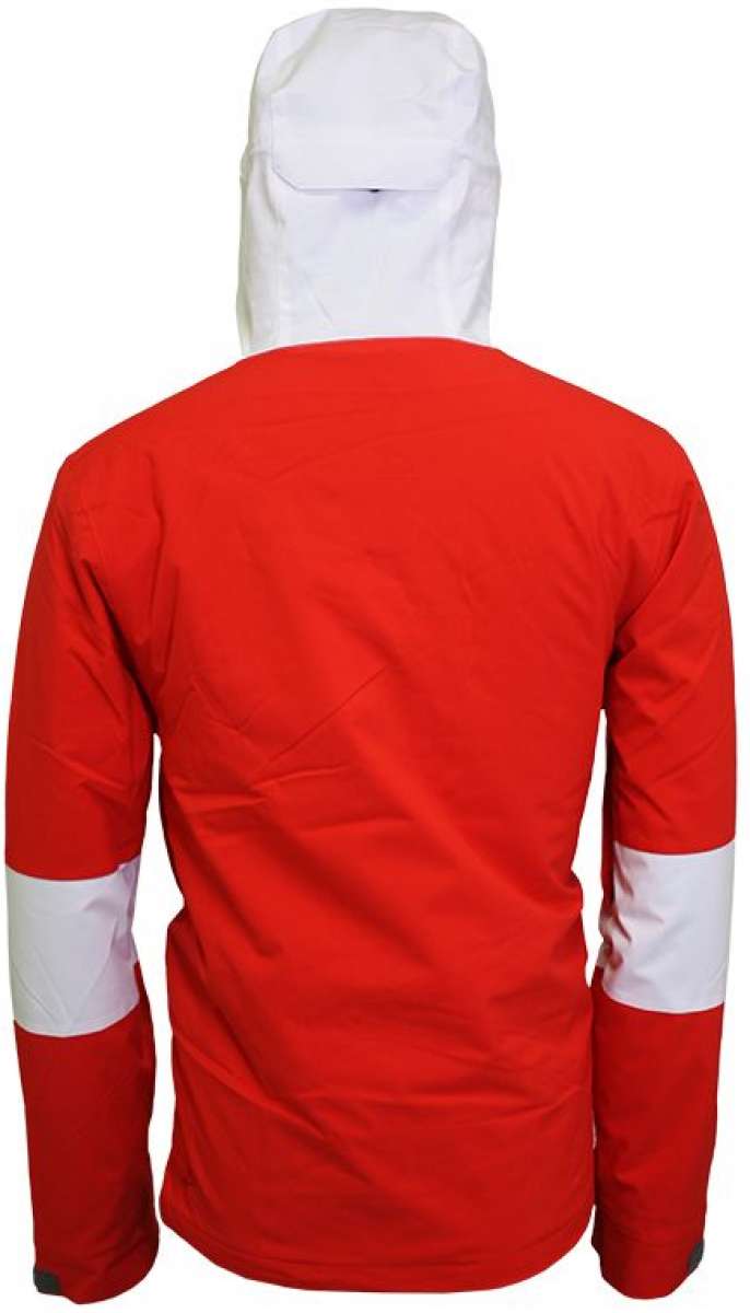 Turbine Baker Insulated Anorak Jacket 2024 - A red jacket with a white stripe on each sleeve and a hood, featuring a zipper closure at the front.