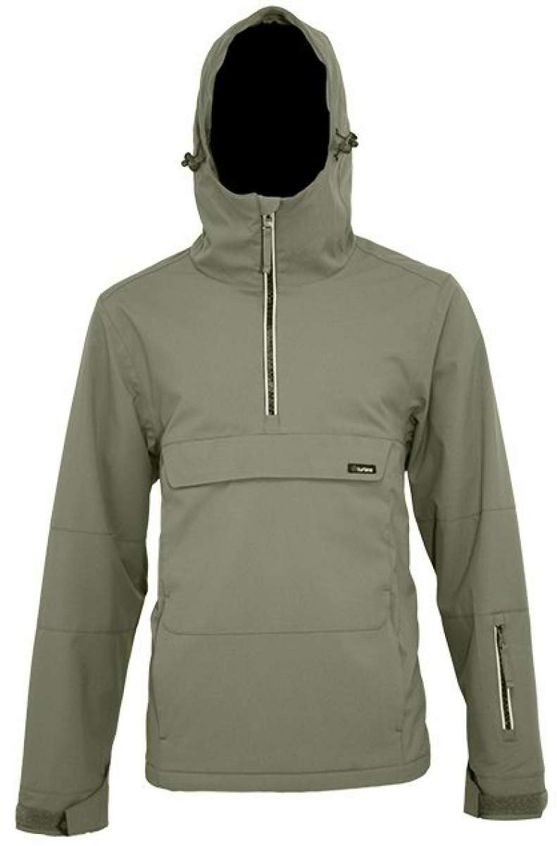 Turbine Baker Insulated Anorak Jacket 2024 - A dark gray anorak jacket with a high collar and zippered chest pocket, featuring a small black logo on the right side of the chest pocket.
