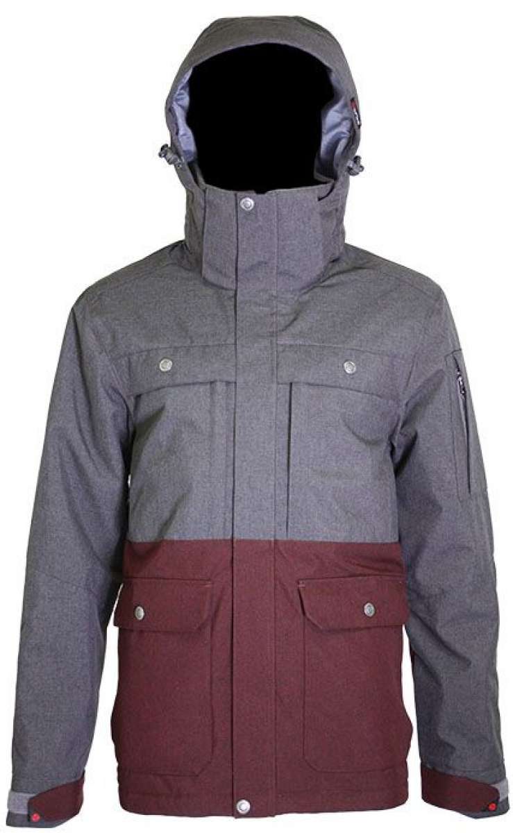 Turbine Beacon Insulated Jacket - A gray jacket with a hood, featuring two chest pockets and one lower pocket on the front.