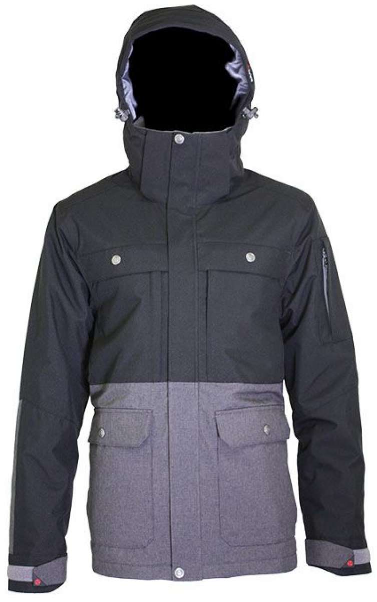 Turbine Beacon Insulated Jacket 2021-2022 - A black and grey insulated jacket with a hood, featuring two chest pockets and two lower pockets.