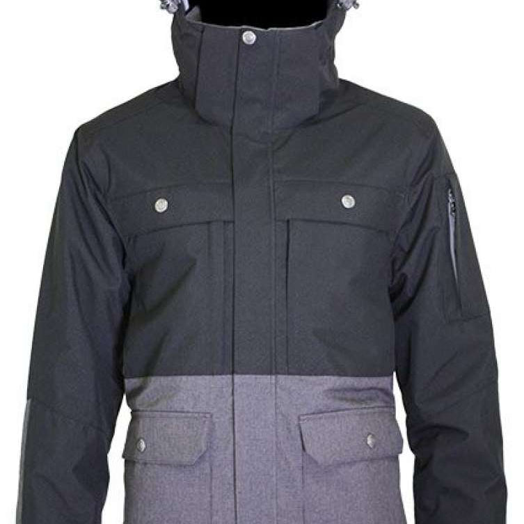 Turbine Beacon Insulated Jacket 2021-2022 - A black and grey insulated jacket with a hood, featuring two chest pockets and two lower pockets.