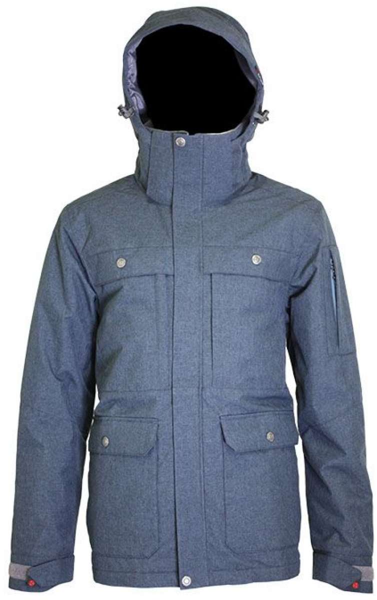 Turbine Beacon Insulated Jacket - A gray jacket with a hood, featuring two chest pockets and one zippered pocket on the left arm.