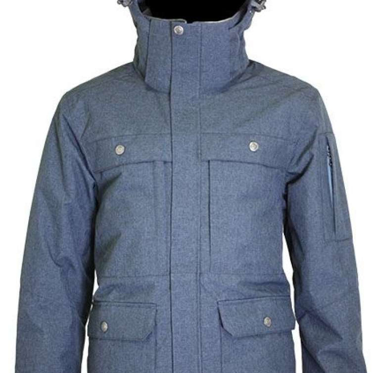 Turbine Beacon Insulated Jacket - A gray jacket with a hood, featuring two chest pockets and one zippered pocket on the left arm.