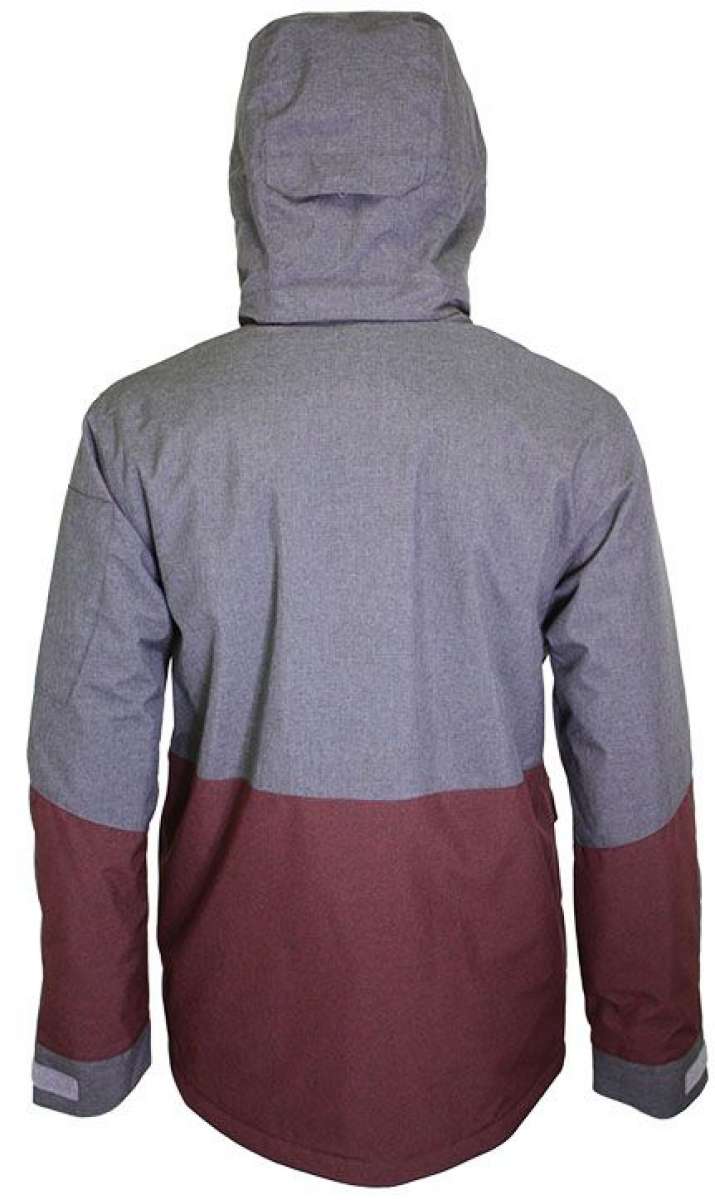 Turbine Beacon Insulated Jacket - A grey jacket with a hood, featuring maroon accents on the lower portion of the sleeves and bottom hem.