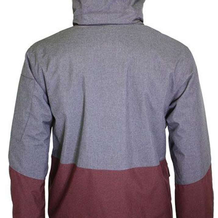 Turbine Beacon Insulated Jacket - A grey jacket with a hood, featuring maroon accents on the lower portion of the sleeves and bottom hem.